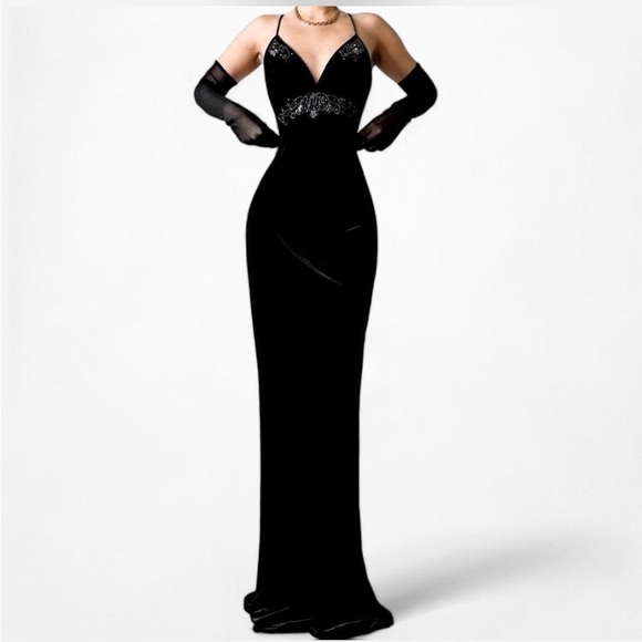 Black hand beaded vintage y2k prom, hoco, upscale maxi dress - Picture 2 of 8